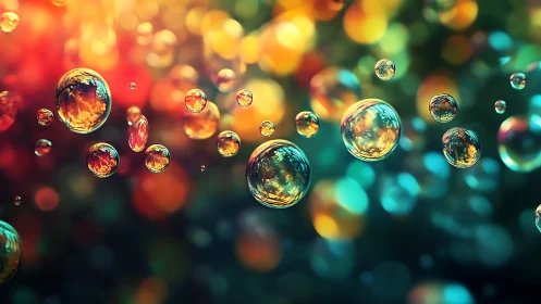 Glowing rainbow bubbles drift through a dreamy cosmic haze