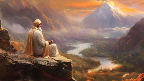 Peaceful sage resting above a glowing mountain valley.