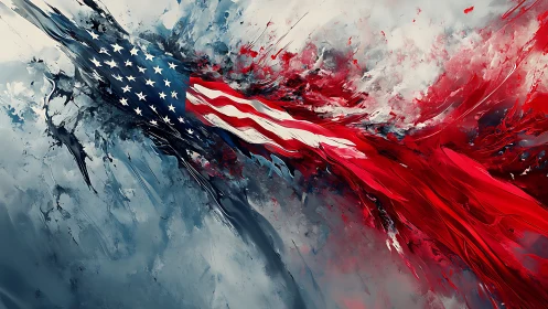 Dynamic American flag abstraction in red, white, and blue motion.