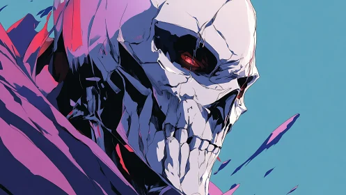 Angular skeletal portrait uses neon gradients and stark contour