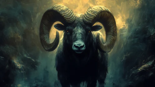 Mythic ram portrait under dramatic backlit storm glow