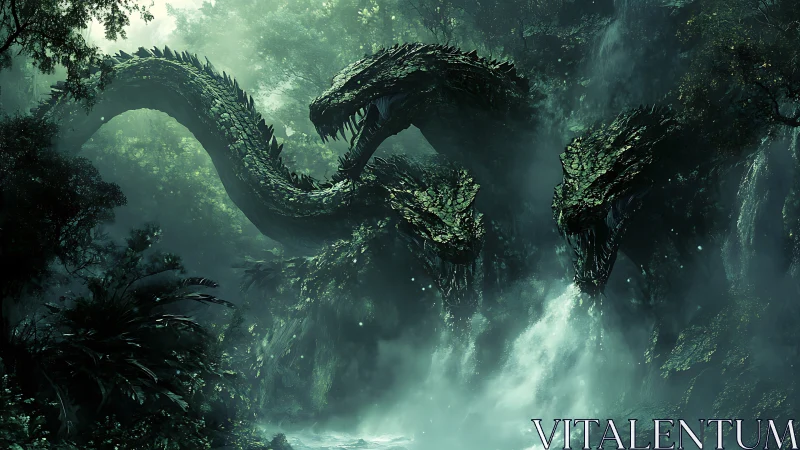 Triheaded hydra emerges from mist-laden rainforest cascade