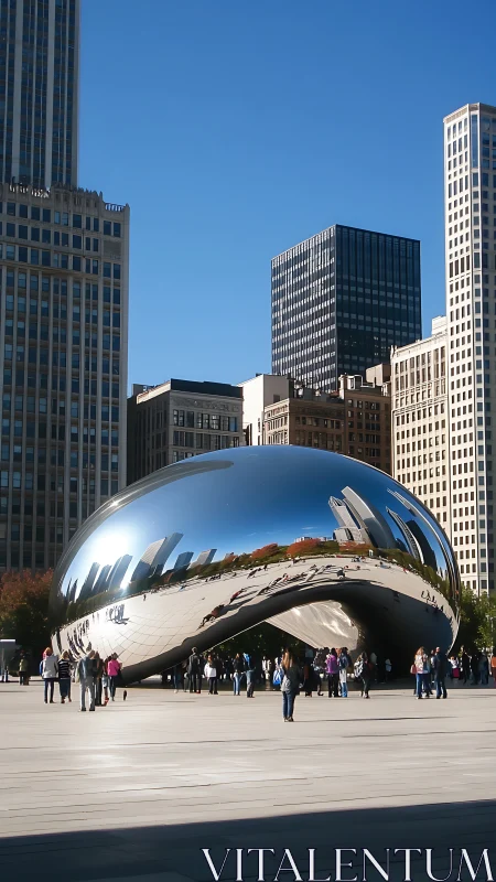 Reflective urban sculpture anchors plaza amid tall buildings
