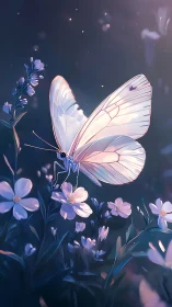 White butterfly on small flowers in low light environment.