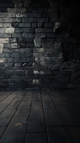 Moody black brick wall with distressed wooden floor panorama.