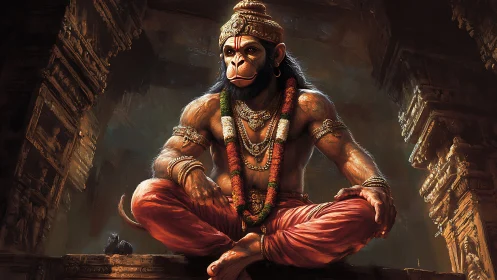 Divine simian guardian seated amid weathered stone temple.