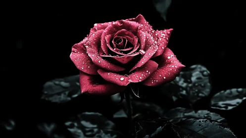 Deep Crimson Rose Glistening with Rain Drops Against Darkness.