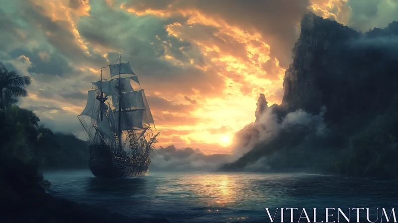 Golden sunset welcomes a tall ship into a misty island cove