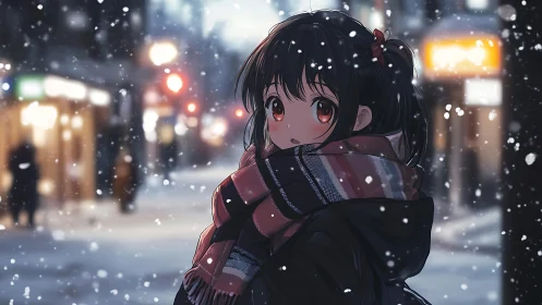 Anime girl in winter street scene under falling snow at night.