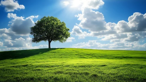 Lone Tree on Lush Green Hill Under Bright Blue Sky, Realistic Nature.