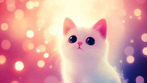 White Feline Portrait with Stylized Features Against Gradient Bokeh Background