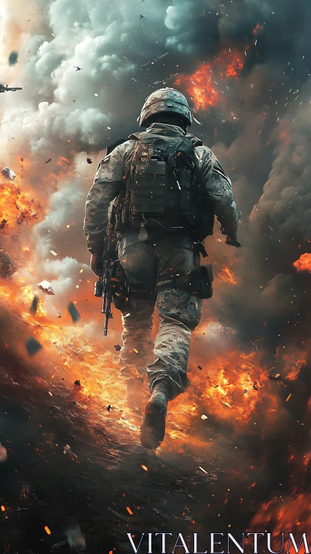 Soldier strides through explosive battlefield inferno blaze.