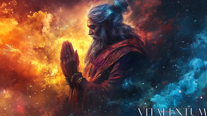 Mystic elder in cosmic nebula with dramatic bicolor lighting.