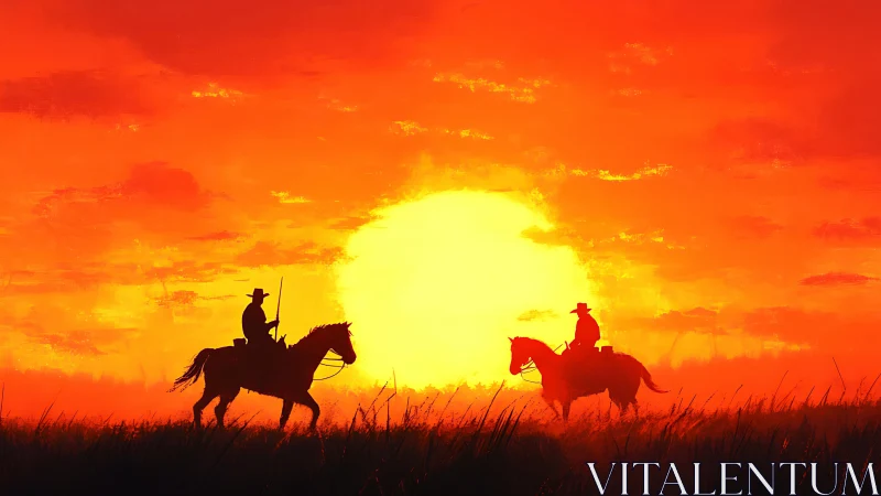 Cowboy silhouettes on horseback against bold sunset sky.
