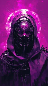 Neon oracle cyborg crowned in radiant magenta halo light.