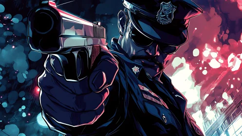 Stylized neon-lit officer aiming handgun in dramatic close-up