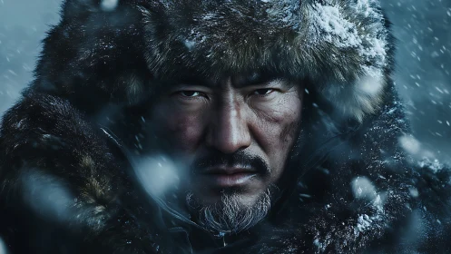 Fur-clad winter survivor portrait in blizzard, ultra-detailed