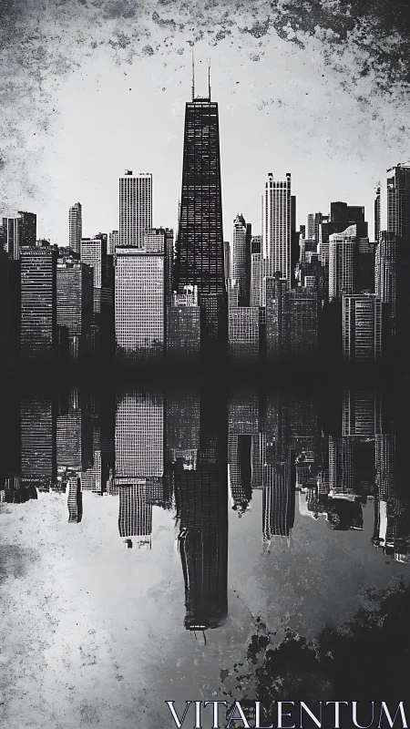 Monochrome highrise skyline mirrored on distressed urban water