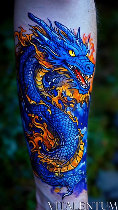 Blue dragon forearm tattoo with vivid orange flames.