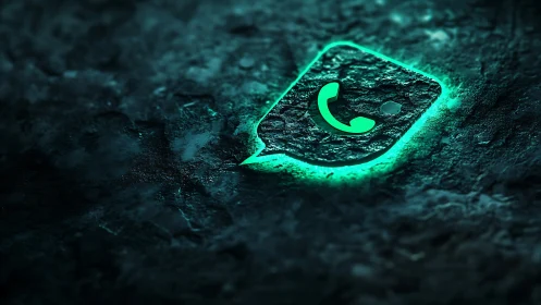 Neon WhatsApp glyph glows from textured cybernetic stone