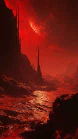 Crimson rivers wander beneath a burning alien horizon