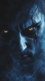 Blue-lit male face with glowing eyes in dense atmospheric mist.