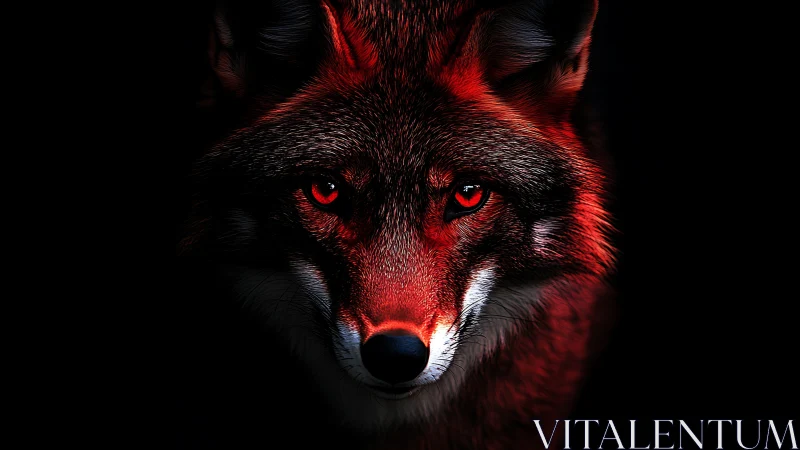 Crimson-lit fox portrait emerging from deep black void.