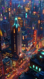 Lively neon city streets glowing under a dreamy night sky.