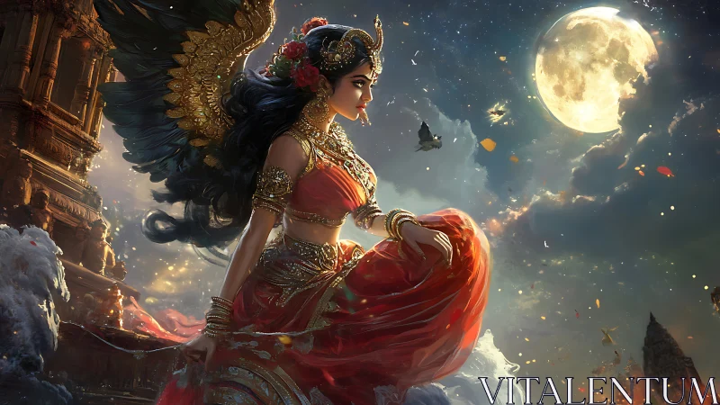 Moonlit winged goddess ascends above ancient temple spires