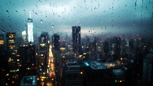 Rain streaks blur a glowing city skyline at blue hour