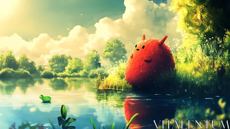 Fluffy red forest creature observing caterpillar across lake