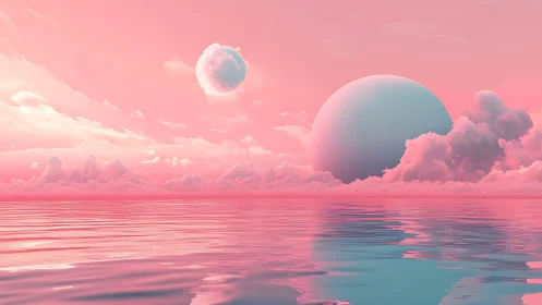 Surreal pink ocean horizon with floating spheres at sunset.
