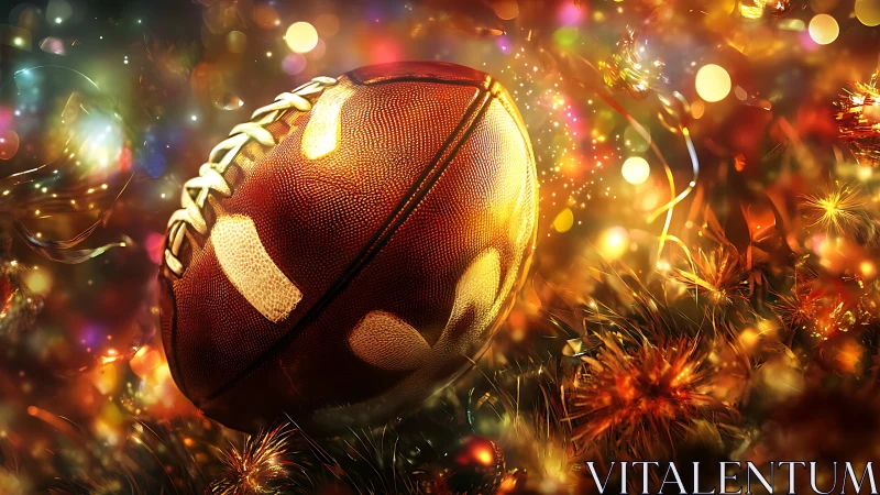 Holiday lights swirl around a gleaming football celebration.