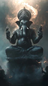 Majestic Ganesha statue rises through swirling sacred smoke