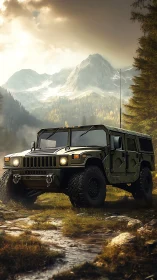 Military-style off-road vehicle in alpine forest setting.
