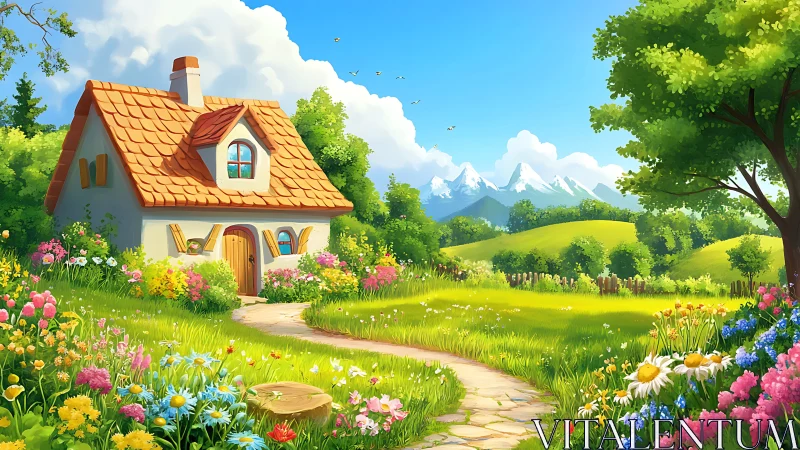 Sunlit cottage garden with winding stone path and peaks.