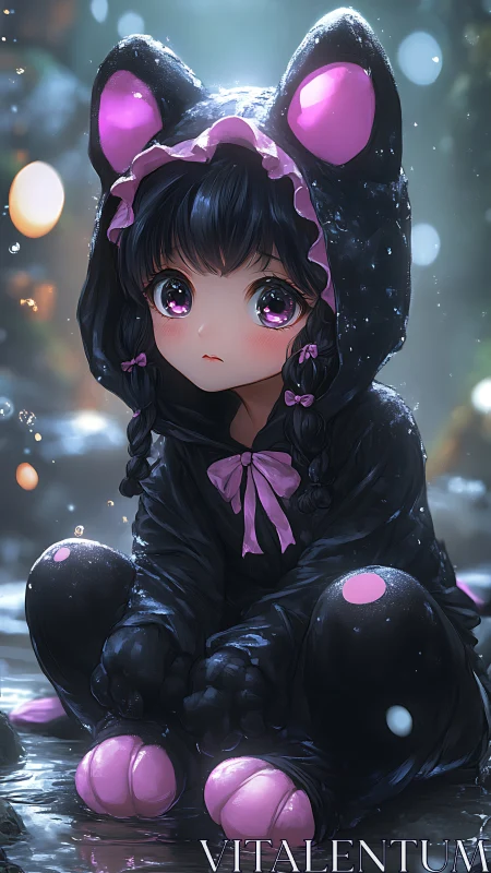 Soft-eyed girl in a shiny black cat onesie enjoys rainy calm