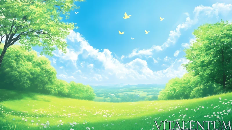 Sunlit meadow panorama with stylized foliage and depth layering