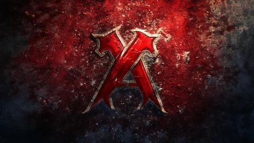 Metallic red emblem glows against dark textured wall