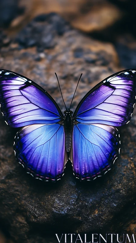 Iridescent blue butterfly on textured stone, shallow depth field.
