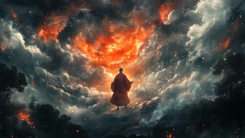 Monastic figure confronting vortex of incendiary storm clouds.
