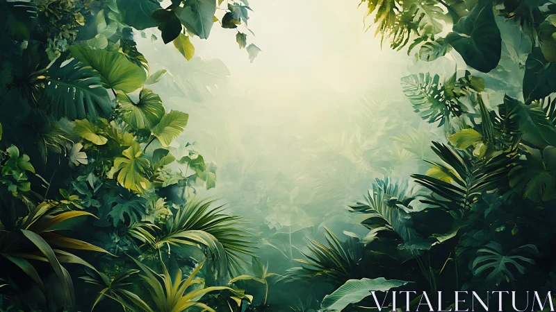 Dense tropical forest canopy with layered green vegetation and diffuse light