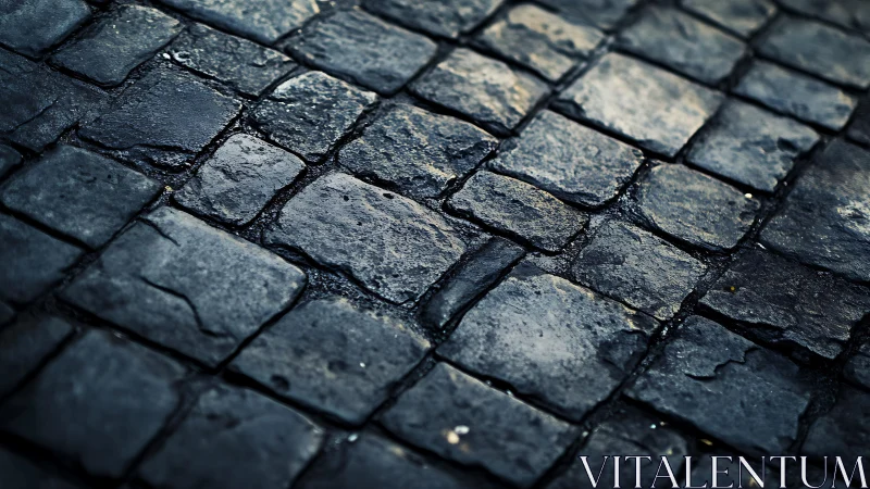 Wet cobblestone street in moody blue tones, close-up perspective.