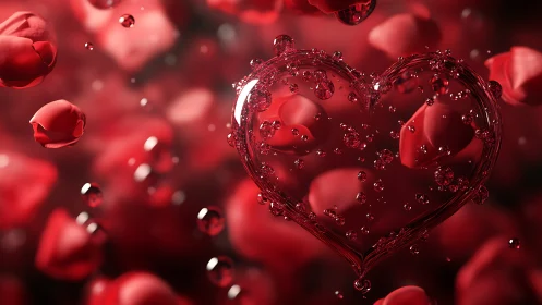 Liquid Heart Form Suspended in Crimson Fluid Dynamics Environment.