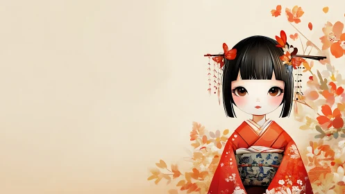 Kawaii kimono girl with floral background and negative space