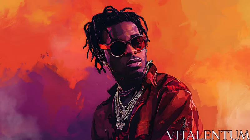 Stylized portrait of man in sunglasses on orange backdrop.