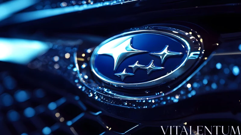 Close-up of Subaru Car Emblem with Glossy Blue Lighting Effect. Close-up of Subaru Car Emblem with Glossy Blue Lighting Effect.