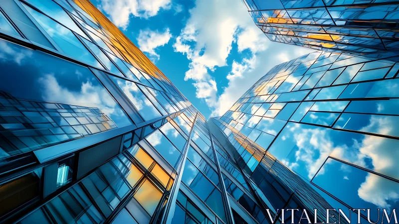 Glass office towers reflect blue sky and clouds vertically