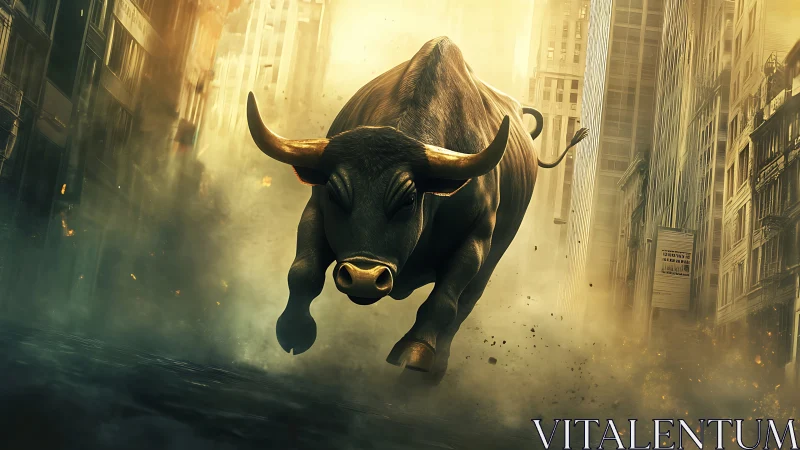 Bull rendered in motion within a narrow urban street environment