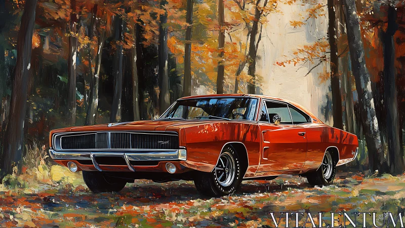 Vintage muscle car rendered in expressive autumn oil strokes